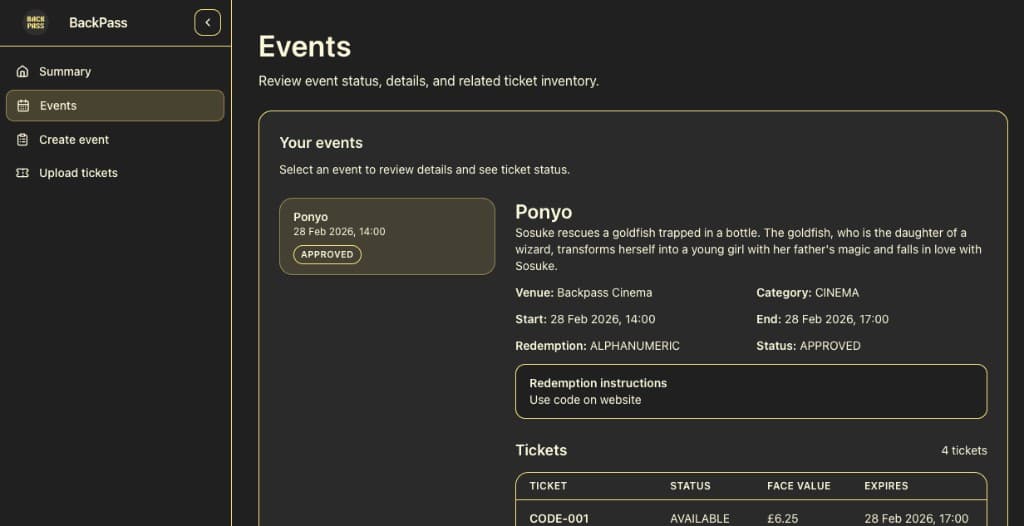Partner dashboard overview showing Events screen with event details and ticket inventory
